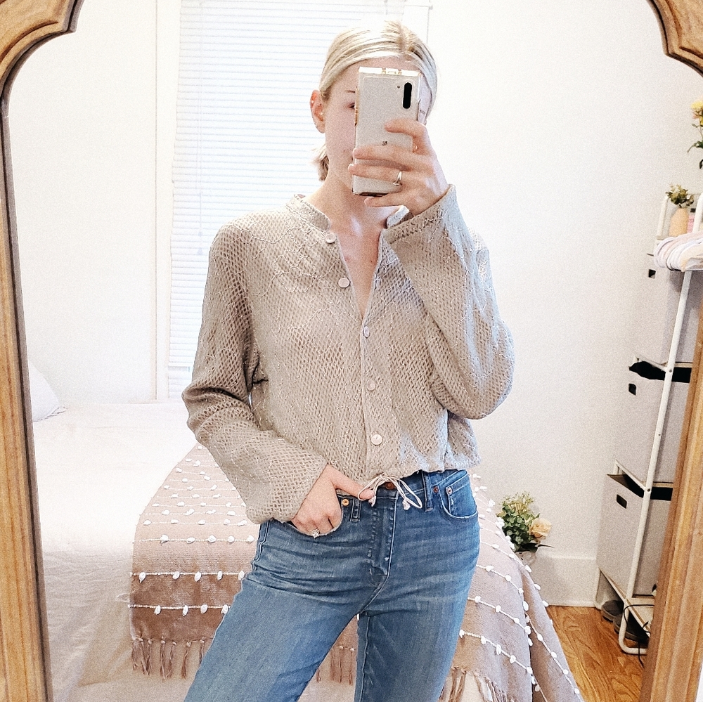 OHM Sage Green Floral Knit Mesh Long Sleeve Button Down Cinch Sweater Top sz L